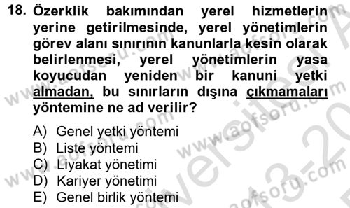 Yerel Yönetimler Dersi 2013 - 2014 Yılı Tek Ders Sınav Soruları 18. Soru
