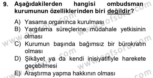 Yerel Yönetimler Dersi 2013 - 2014 Yılı Tek Ders Sınav Soruları 9. Soru