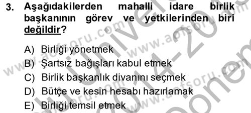 Yerel Yönetimler Dersi 2014 - 2015 Yılı (Final) Dönem Sonu Sınav Soruları 3. Soru