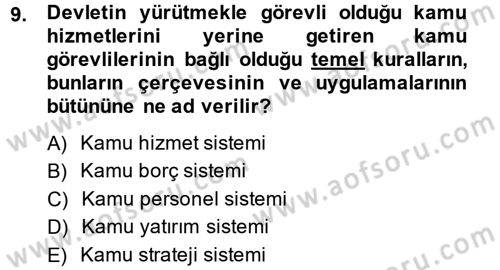 Yerel Yönetimler Dersi 2014 - 2015 Yılı (Final) Dönem Sonu Sınav Soruları 9. Soru