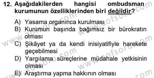 Yerel Yönetimler Dersi 2014 - 2015 Yılı Tek Ders Sınav Soruları 12. Soru