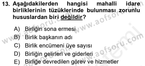 Yerel Yönetimler Dersi 2015 - 2016 Yılı (Vize) Ara Sınav Soruları 13. Soru