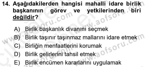 Yerel Yönetimler Dersi 2015 - 2016 Yılı (Vize) Ara Sınav Soruları 14. Soru