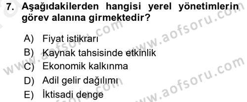 Yerel Yönetimler Dersi 2015 - 2016 Yılı (Vize) Ara Sınav Soruları 7. Soru