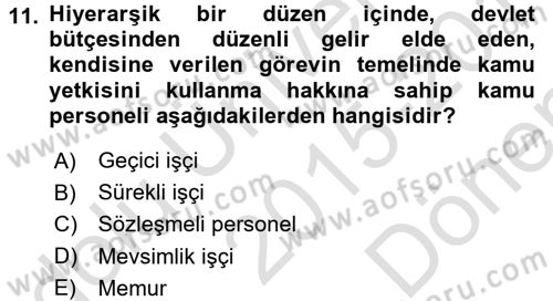 Yerel Yönetimler Dersi 2015 - 2016 Yılı (Final) Dönem Sonu Sınav Soruları 11. Soru