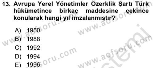 Yerel Yönetimler Dersi 2015 - 2016 Yılı (Final) Dönem Sonu Sınav Soruları 13. Soru
