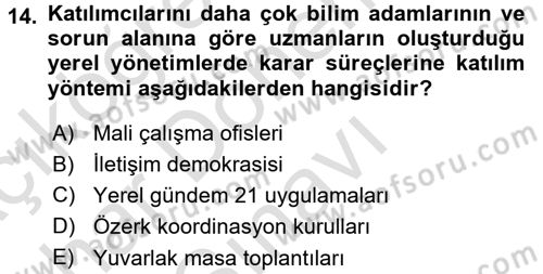 Yerel Yönetimler Dersi 2015 - 2016 Yılı (Final) Dönem Sonu Sınav Soruları 14. Soru