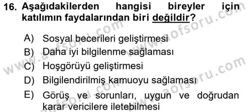 Yerel Yönetimler Dersi 2015 - 2016 Yılı (Final) Dönem Sonu Sınav Soruları 16. Soru