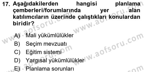 Yerel Yönetimler Dersi 2015 - 2016 Yılı (Final) Dönem Sonu Sınav Soruları 17. Soru