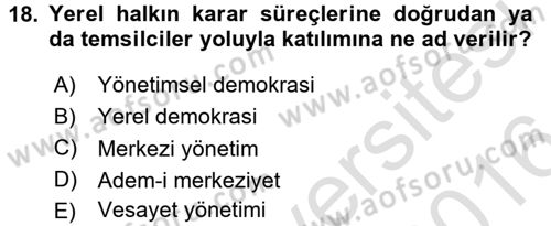 Yerel Yönetimler Dersi 2015 - 2016 Yılı (Final) Dönem Sonu Sınav Soruları 18. Soru