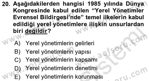 Yerel Yönetimler Dersi 2015 - 2016 Yılı (Final) Dönem Sonu Sınav Soruları 20. Soru