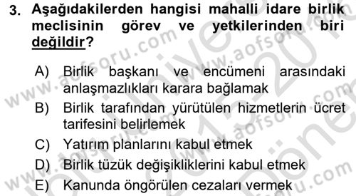 Yerel Yönetimler Dersi 2015 - 2016 Yılı (Final) Dönem Sonu Sınav Soruları 3. Soru