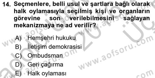Yerel Yönetimler Dersi 2016 - 2017 Yılı 3 Ders Sınav Soruları 14. Soru