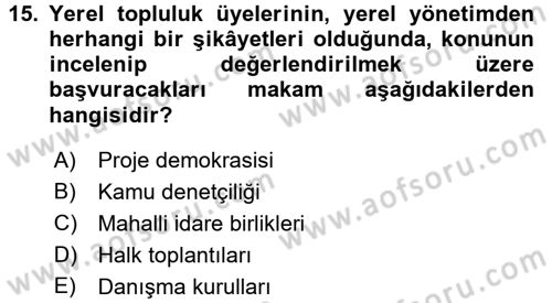 Yerel Yönetimler Dersi 2016 - 2017 Yılı 3 Ders Sınav Soruları 15. Soru