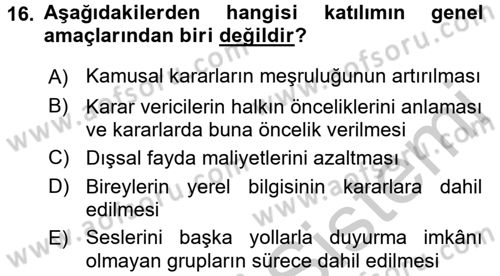 Yerel Yönetimler Dersi 2016 - 2017 Yılı 3 Ders Sınav Soruları 16. Soru
