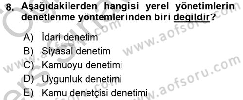 Yerel Yönetimler Dersi 2016 - 2017 Yılı 3 Ders Sınav Soruları 8. Soru