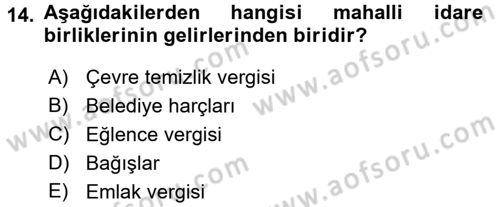 Yerel Yönetimler Dersi 2016 - 2017 Yılı (Vize) Ara Sınav Soruları 14. Soru