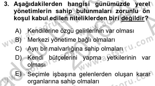 Yerel Yönetimler Dersi 2016 - 2017 Yılı (Vize) Ara Sınav Soruları 3. Soru