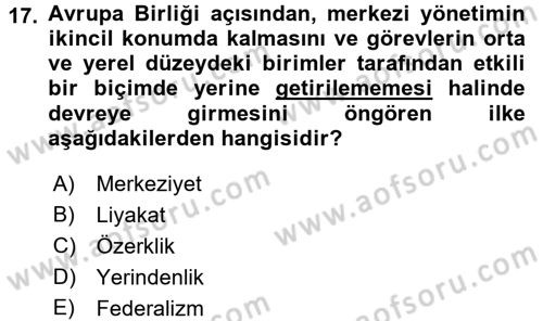 Yerel Yönetimler Dersi 2016 - 2017 Yılı (Final) Dönem Sonu Sınav Soruları 17. Soru