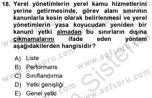 Yerel Yönetimler Dersi 2016 - 2017 Yılı (Final) Dönem Sonu Sınav Soruları 18. Soru