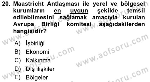 Yerel Yönetimler Dersi 2016 - 2017 Yılı (Final) Dönem Sonu Sınav Soruları 20. Soru