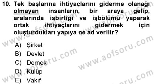 Yerel Yönetimler Dersi 2017 - 2018 Yılı 3 Ders Sınav Soruları 10. Soru