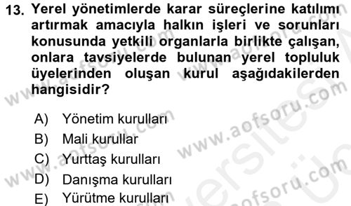 Yerel Yönetimler Dersi 2017 - 2018 Yılı 3 Ders Sınav Soruları 13. Soru