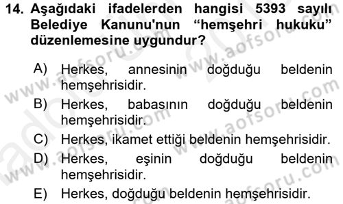Yerel Yönetimler Dersi 2017 - 2018 Yılı 3 Ders Sınav Soruları 14. Soru