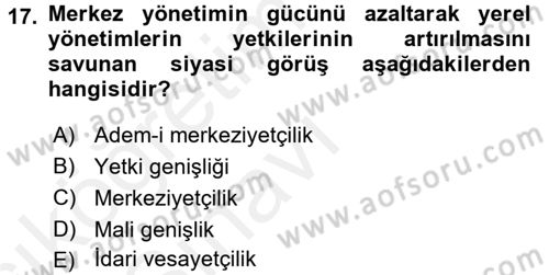 Yerel Yönetimler Dersi 2017 - 2018 Yılı 3 Ders Sınav Soruları 17. Soru