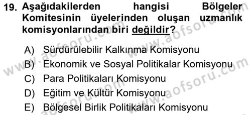 Yerel Yönetimler Dersi 2017 - 2018 Yılı 3 Ders Sınav Soruları 19. Soru