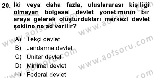 Yerel Yönetimler Dersi 2017 - 2018 Yılı 3 Ders Sınav Soruları 20. Soru