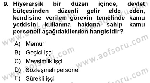 Yerel Yönetimler Dersi 2017 - 2018 Yılı 3 Ders Sınav Soruları 9. Soru