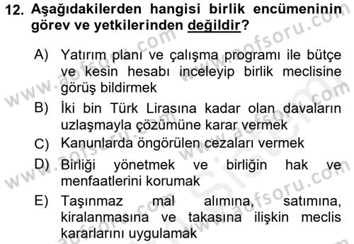 Yerel Yönetimler Dersi 2017 - 2018 Yılı (Vize) Ara Sınav Soruları 12. Soru