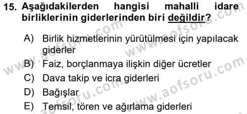 Yerel Yönetimler Dersi 2017 - 2018 Yılı (Vize) Ara Sınav Soruları 15. Soru