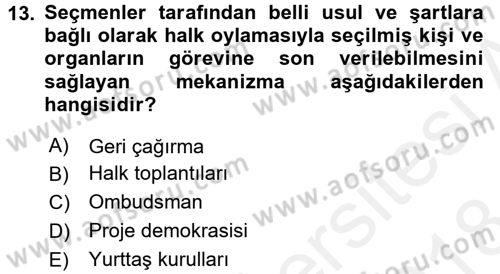 Yerel Yönetimler Dersi 2017 - 2018 Yılı (Final) Dönem Sonu Sınav Soruları 13. Soru