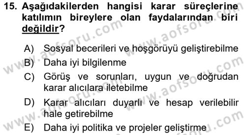 Yerel Yönetimler Dersi 2017 - 2018 Yılı (Final) Dönem Sonu Sınav Soruları 15. Soru