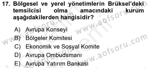 Yerel Yönetimler Dersi 2017 - 2018 Yılı (Final) Dönem Sonu Sınav Soruları 17. Soru