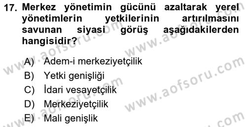 Yerel Yönetimler Dersi 2018 - 2019 Yılı 3 Ders Sınav Soruları 17. Soru