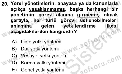 Yerel Yönetimler Dersi 2018 - 2019 Yılı 3 Ders Sınav Soruları 20. Soru