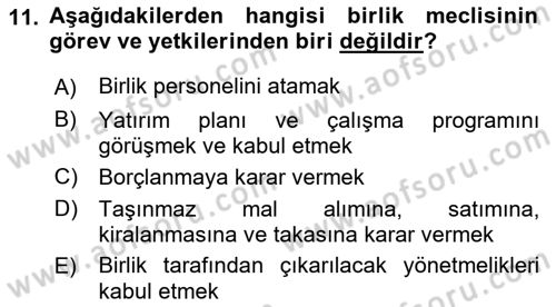 Yerel Yönetimler Dersi 2018 - 2019 Yılı (Vize) Ara Sınav Soruları 11. Soru