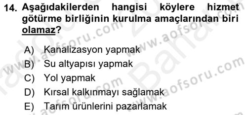 Yerel Yönetimler Dersi 2018 - 2019 Yılı (Vize) Ara Sınav Soruları 14. Soru