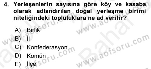 Yerel Yönetimler Dersi 2018 - 2019 Yılı (Vize) Ara Sınav Soruları 4. Soru