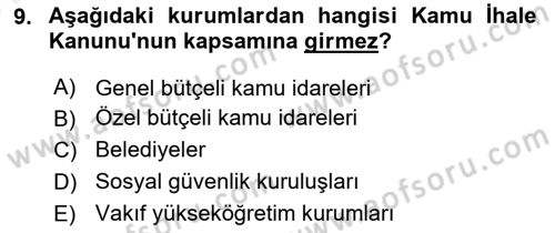 Yerel Yönetimler Dersi 2018 - 2019 Yılı (Vize) Ara Sınav Soruları 9. Soru