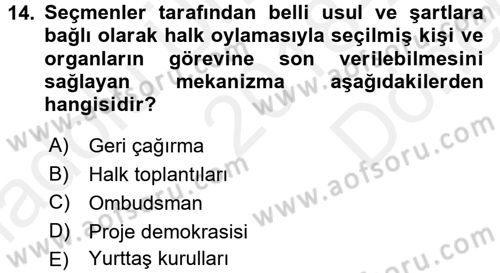 Yerel Yönetimler Dersi 2018 - 2019 Yılı (Final) Dönem Sonu Sınav Soruları 14. Soru