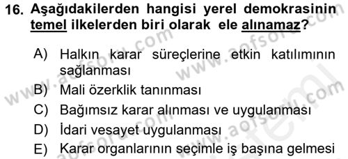 Yerel Yönetimler Dersi 2018 - 2019 Yılı (Final) Dönem Sonu Sınav Soruları 16. Soru