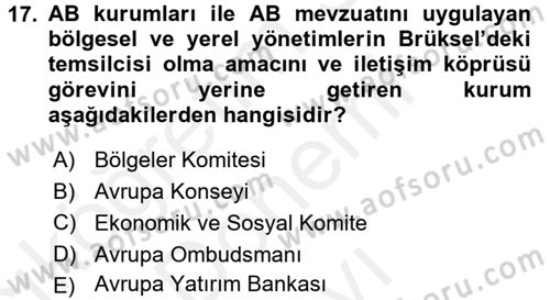 Yerel Yönetimler Dersi 2018 - 2019 Yılı (Final) Dönem Sonu Sınav Soruları 17. Soru