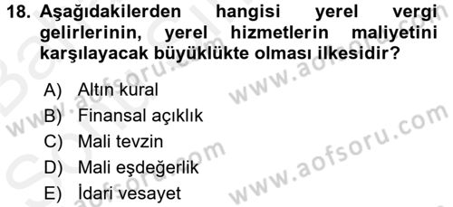 Yerel Yönetimler Dersi 2018 - 2019 Yılı (Final) Dönem Sonu Sınav Soruları 18. Soru