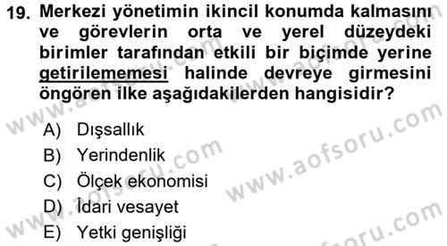 Yerel Yönetimler Dersi 2018 - 2019 Yılı (Final) Dönem Sonu Sınav Soruları 19. Soru