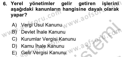 Yerel Yönetimler Dersi 2018 - 2019 Yılı Yaz Okulu Sınav Soruları 6. Soru