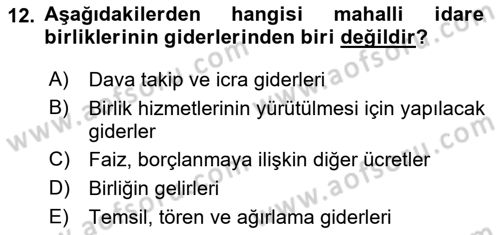 Yerel Yönetimler Dersi 2020 - 2021 Yılı (Vize) Ara Sınav Soruları 12. Soru